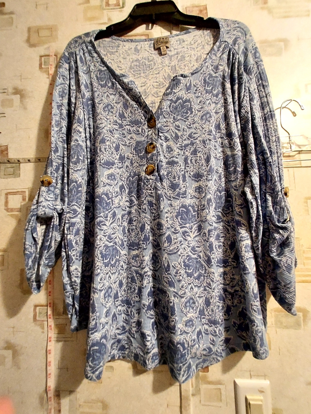 Catherines Blue Floral Henley Tunic with Button Tabs